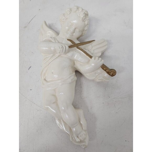 Vintage Large Cherub Angel Playing Flute Wall Hanging Ceramic Figurine Statue - Picture 1 of 5
